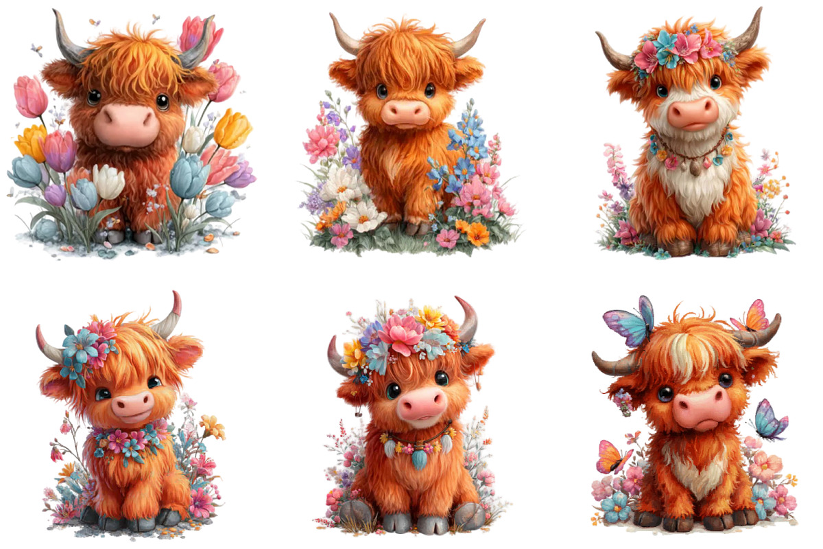 Watercolor Spring Highland Cow Clipa, an Illustration by CraftArtStudio (Photo 3 of 6)