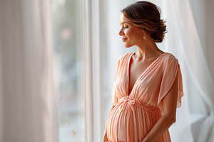Woman in a pastel maternity dress poses gracefully by a window in a serene sett, a Person Photo by AlyaAnd