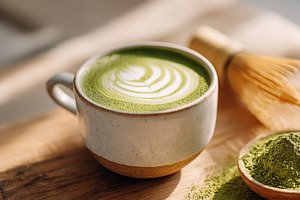 Matcha tea with latte art and bamboo whisk, a Food & Drink Photo by AlyaAnd