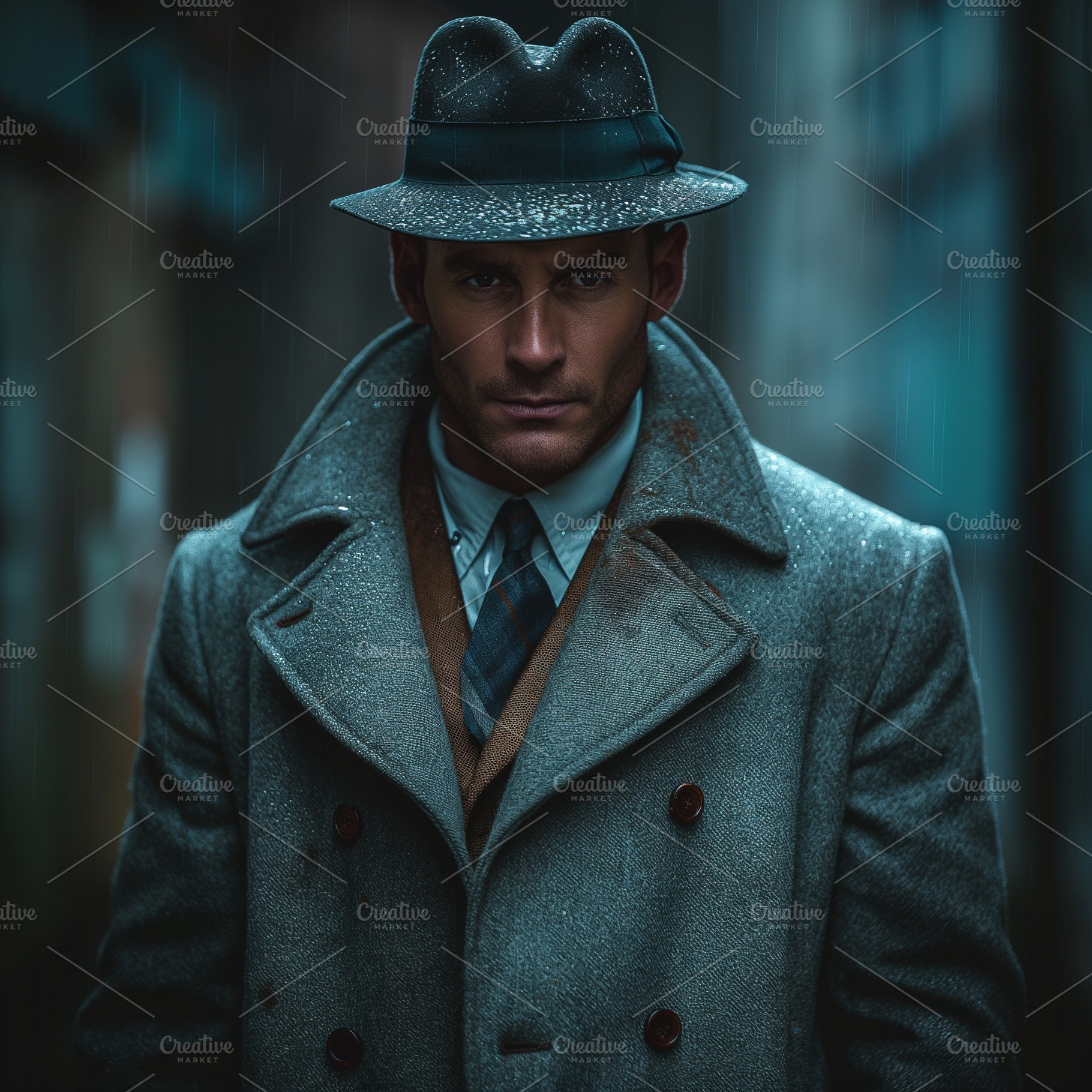A stylish man in a fedora and overcoat stands in the rain, embodying a classic, a Person Photo by ImageMir
