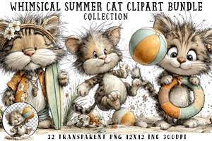 Whimsical Summer Cat Clipart Bundle, an Illustration by OK Design