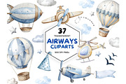 Air Transport Watercolor Clipart PNG, a Decorative Illustration by Coral Beauty (Thumbnail 1 of 12)