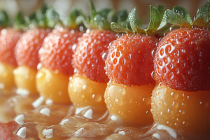 Fresh strawberries and melon balls a, a Photo by Tanuart