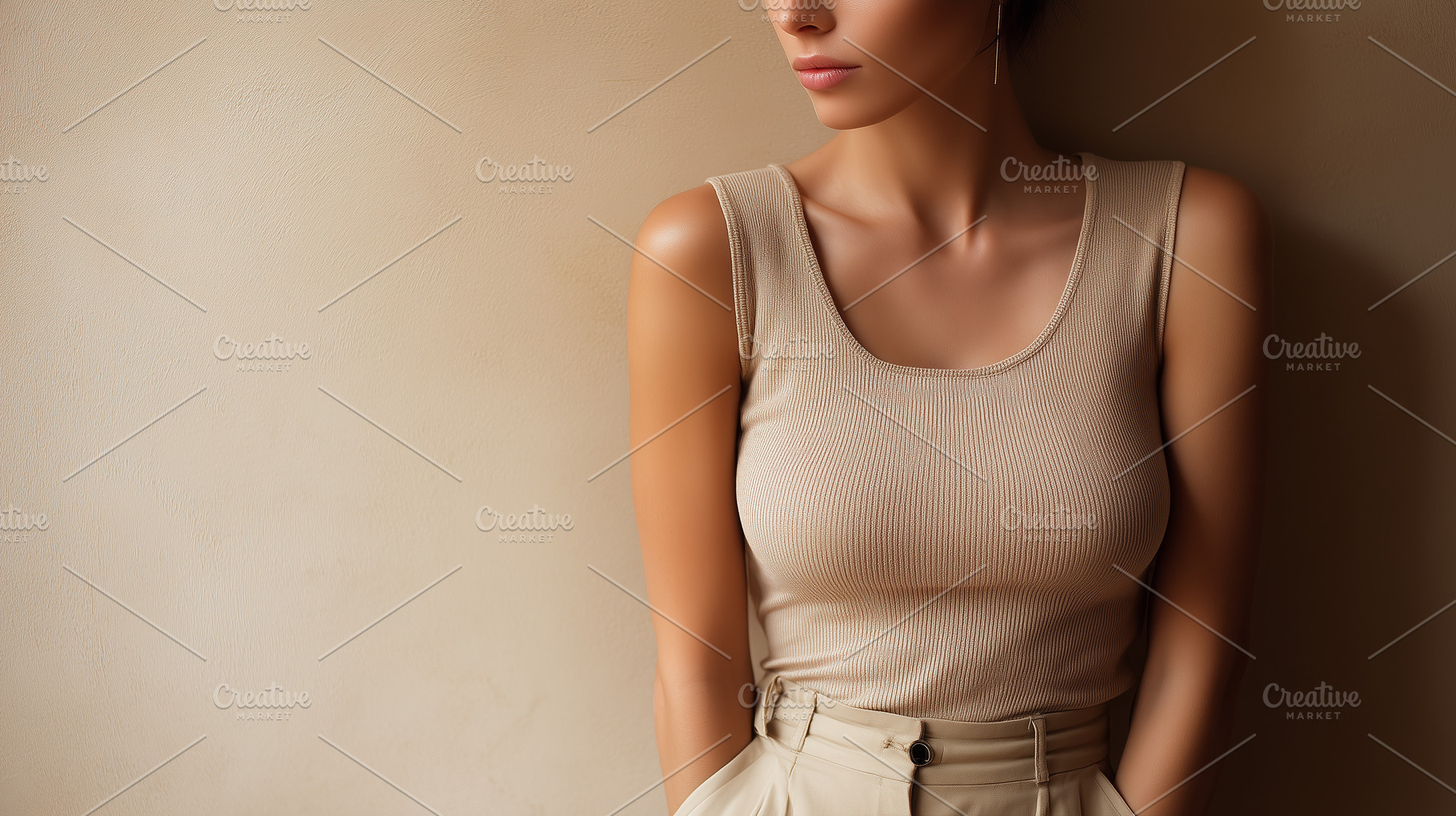 Stylish woman in a sleeveless beige, a Person Photo by MistyDay