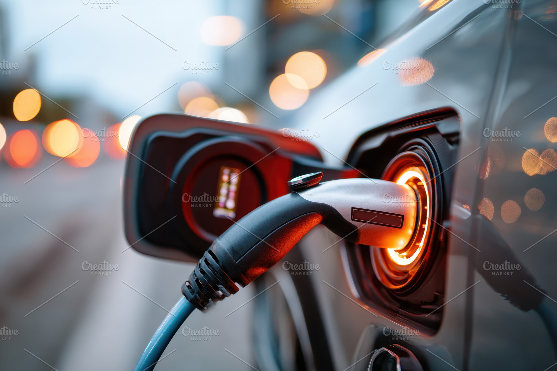 Electric car charging at a charging station, a Transportation Photo by AlyaAnd