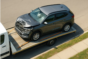 A damaged SUV with a smashed front, a Transportation Illustration by Sergey Kotenev