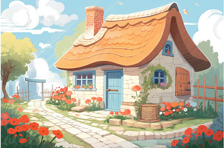 stone cottage, thatched roof, brick, an Illustration by Sergey Kotenev