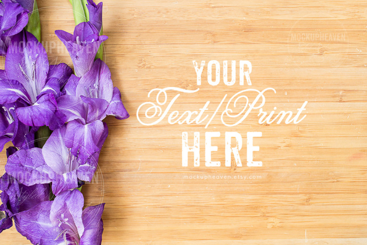 Purple Flowers on Light Wood Mockup, a Print Template by MockUpHeaven