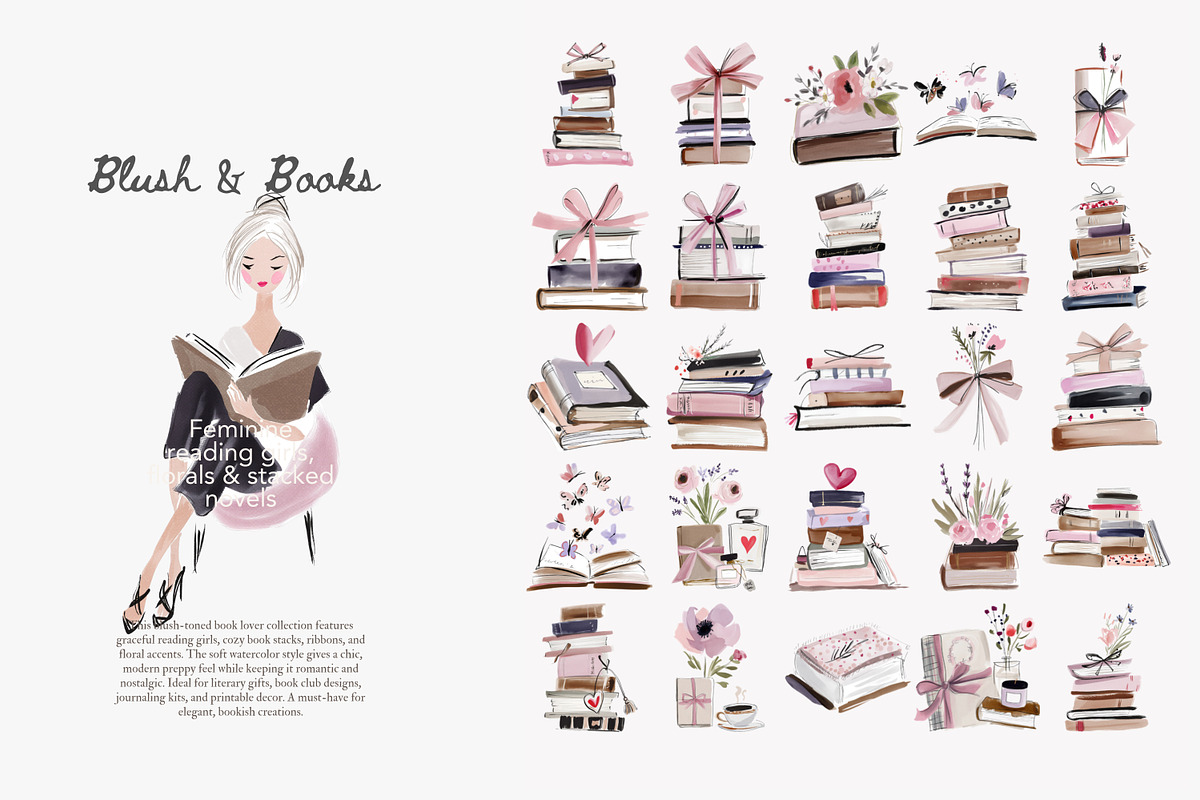 Blush Book Lover Clipart Bundle, a Decorative Illustration by Patishop Art (Photo 11 of 14)