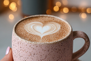 Cozy latte art heart in pink mug war, a Photo by Pixeness Studio