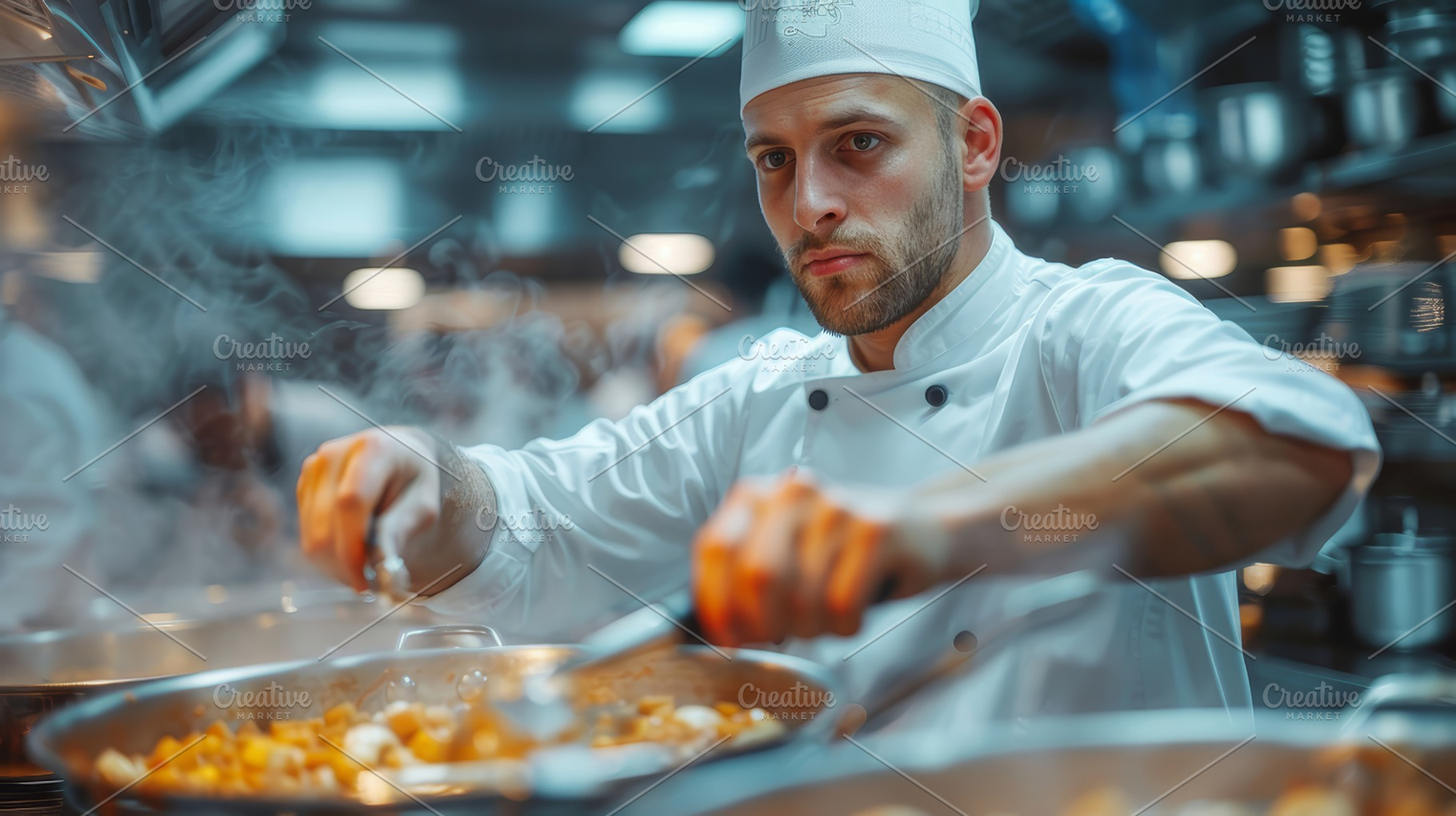 Professional Chef in Uniform Cooking Delicious Soup in a Busy Restaurant Kitche, a Photo by AS photostudio