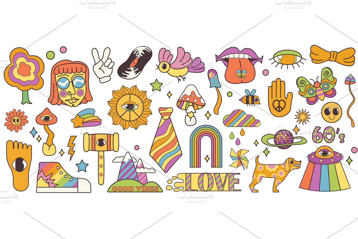Groovy cartoon psychedelic stickers, an Object Illustration by Lemberg Vector