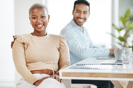Portrait, business smile and black woman in office with coworker and pride for career or profession. Boss, professional and happy, confident and proud African female entrepreneur with success mindset, a Photo by Peopleimages.com
