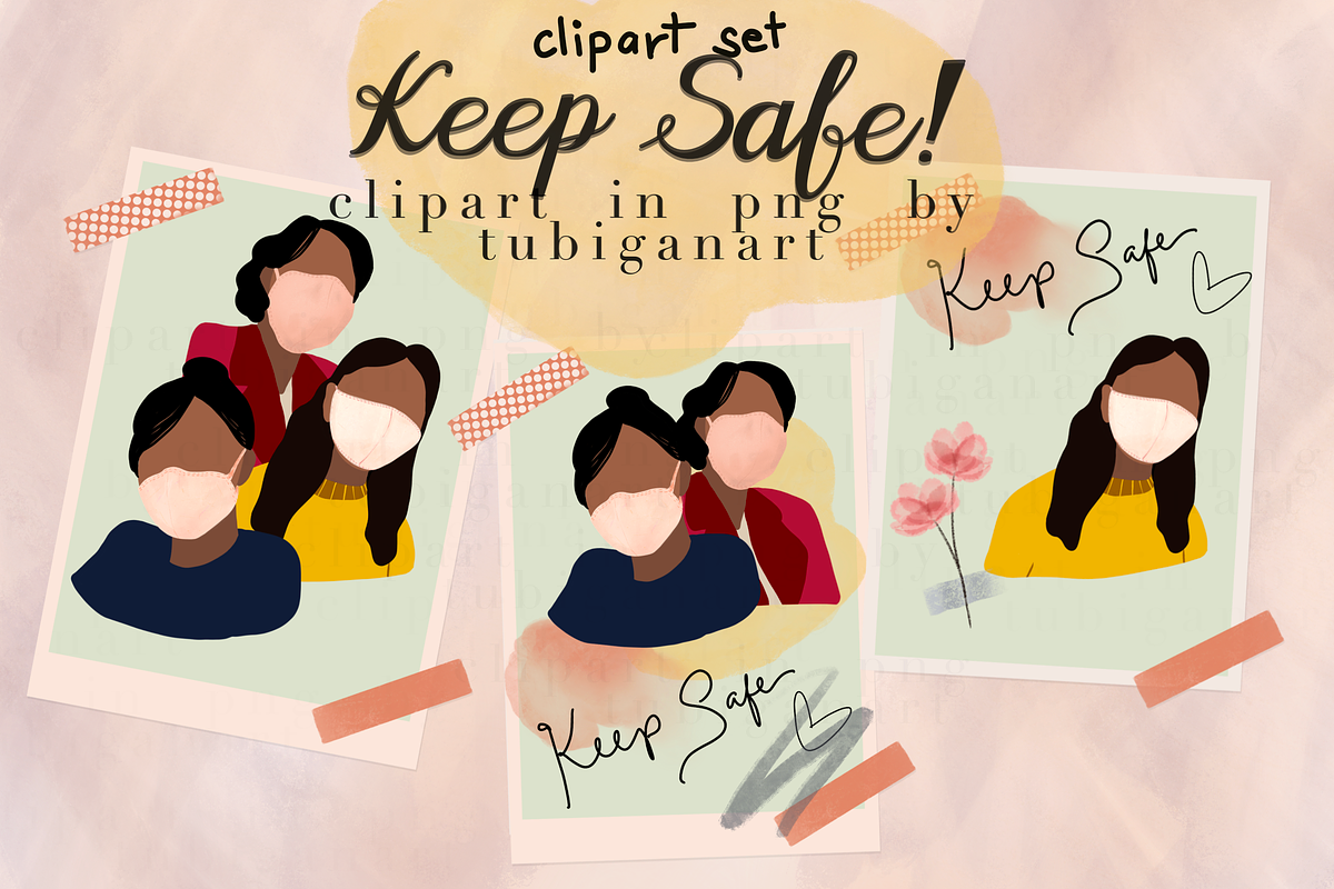 Keep Safe 13 clipart & 3 postcards, an Illustration by Tubigan Art