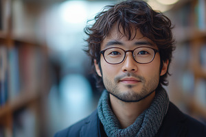 Japanologist. A young man with curly hair and glasses, wearing a cozy scarf, st, a Person Photo by Textures & Backgrounds