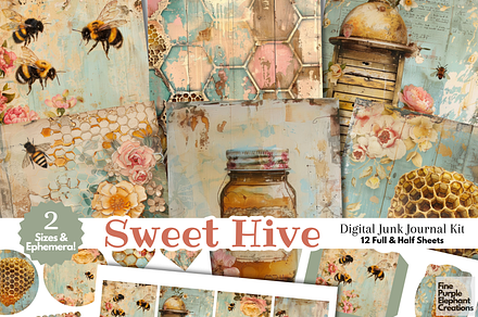 Shabby Chic Bees Junk Journal Honey, a Background Graphic by Fine Purple Elephant