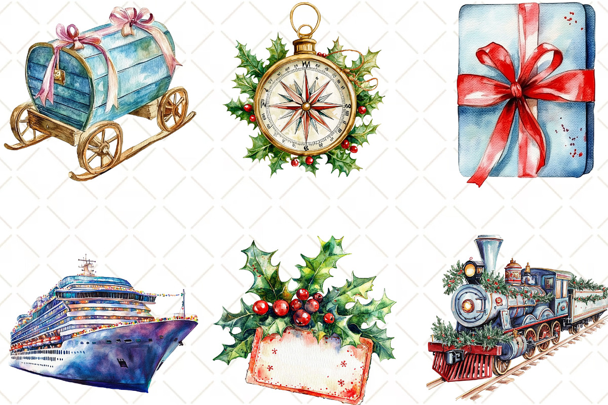 Christmas Travel Watercolour Clipart, an Illustration by Black Bird Studio (Photo 6 of 6)
