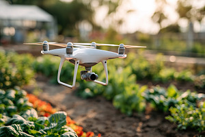 Drone hovers over vegetable beds capturing aerial views of our garden, a Photo by AlyaAnd