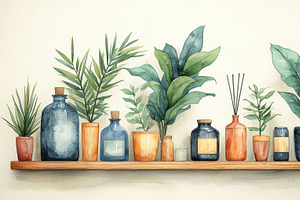 Assorted aroma diffusers and houseplants on a wooden shelf in watercolor style, an Illustration by AS photostudio