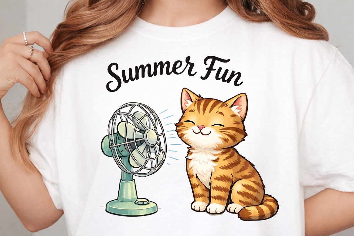 Summer Fun Cat and Fan Cute T-Shirt, an Illustration by DreamArtGraphic (Photo 4 of 4)