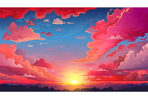 Red sky sunset anime fluffy clouds, a Seasonal Illustration by Vector Tradition