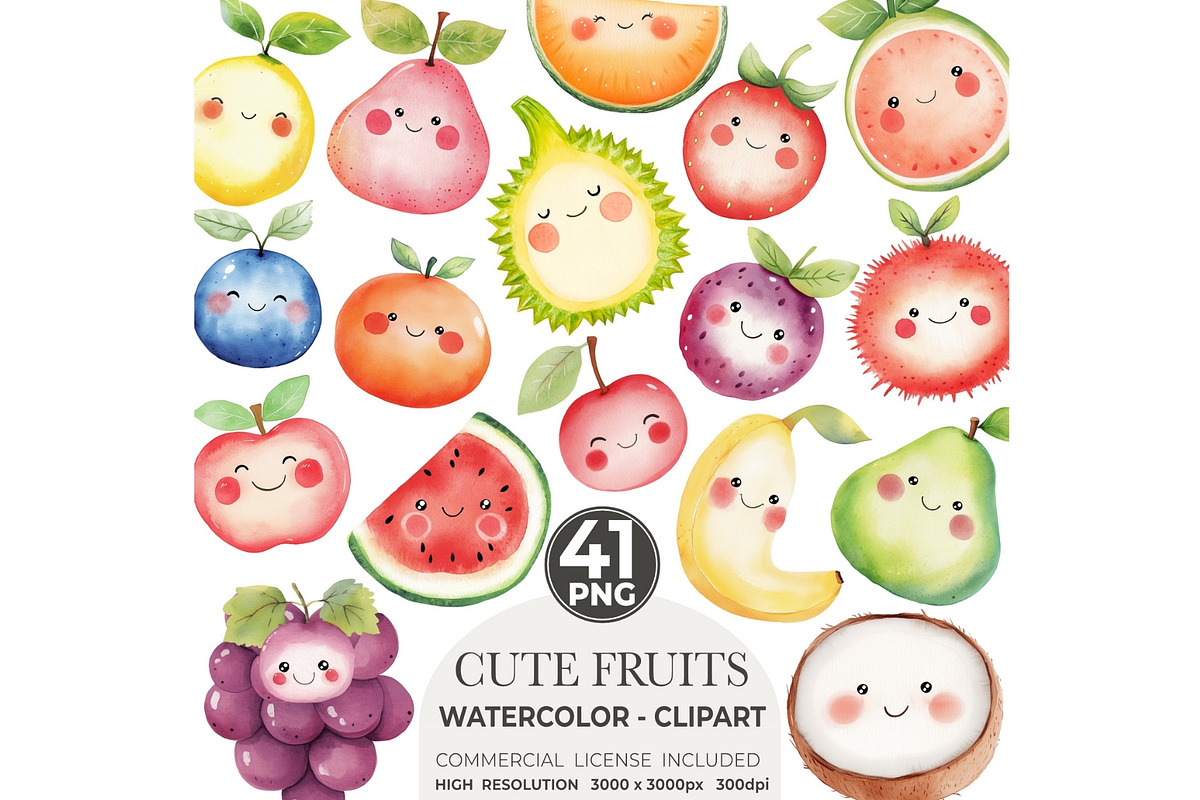 Cute Fruits Clipart Watercolor PNG, an Illustration by CharmClipart (Photo 1 of 9)