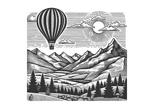 Hot Air Balloon Over Mountains, a Transportation Illustration by AlexArt