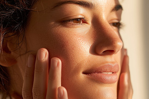 Woman gently touches glowing face, a Beauty & Fashion Photo by MistyDay