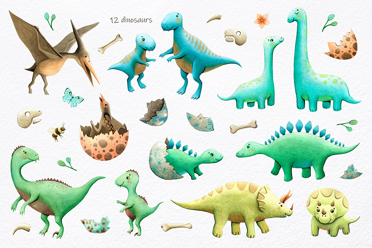 Watercolor Dinosaurs Collection, a Decorative Illustration by MariArtySpace (Photo 2 of 12)