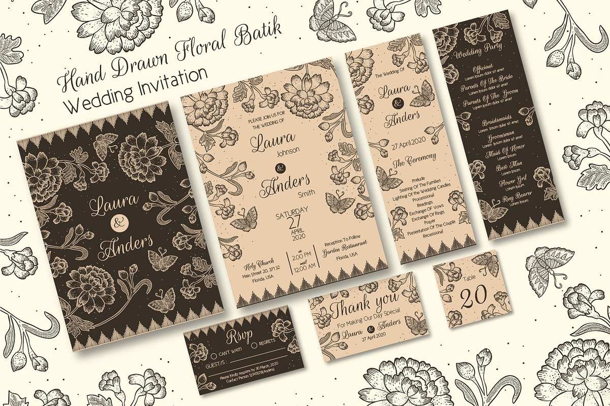 Hand Drawn Floral Batik Wedding Inv., an Invitation Template by Lyllopop (Photo 1 of 2)