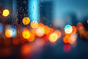 Evening rain causes reflections on the city streets with vibrant lights and blu, a Photo by AlyaAnd
