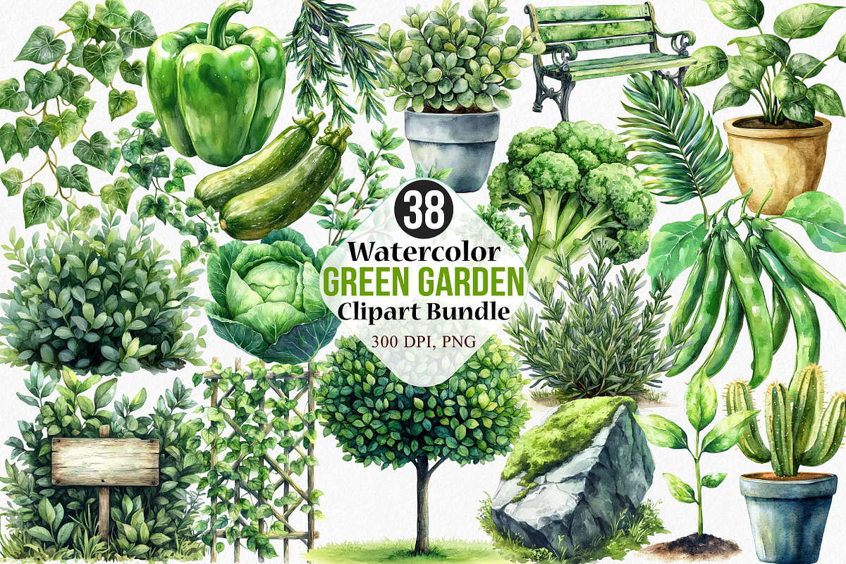 Watercolor Green Garden Clipart, an Illustration by Canvas Craft (Photo 1 of 7)