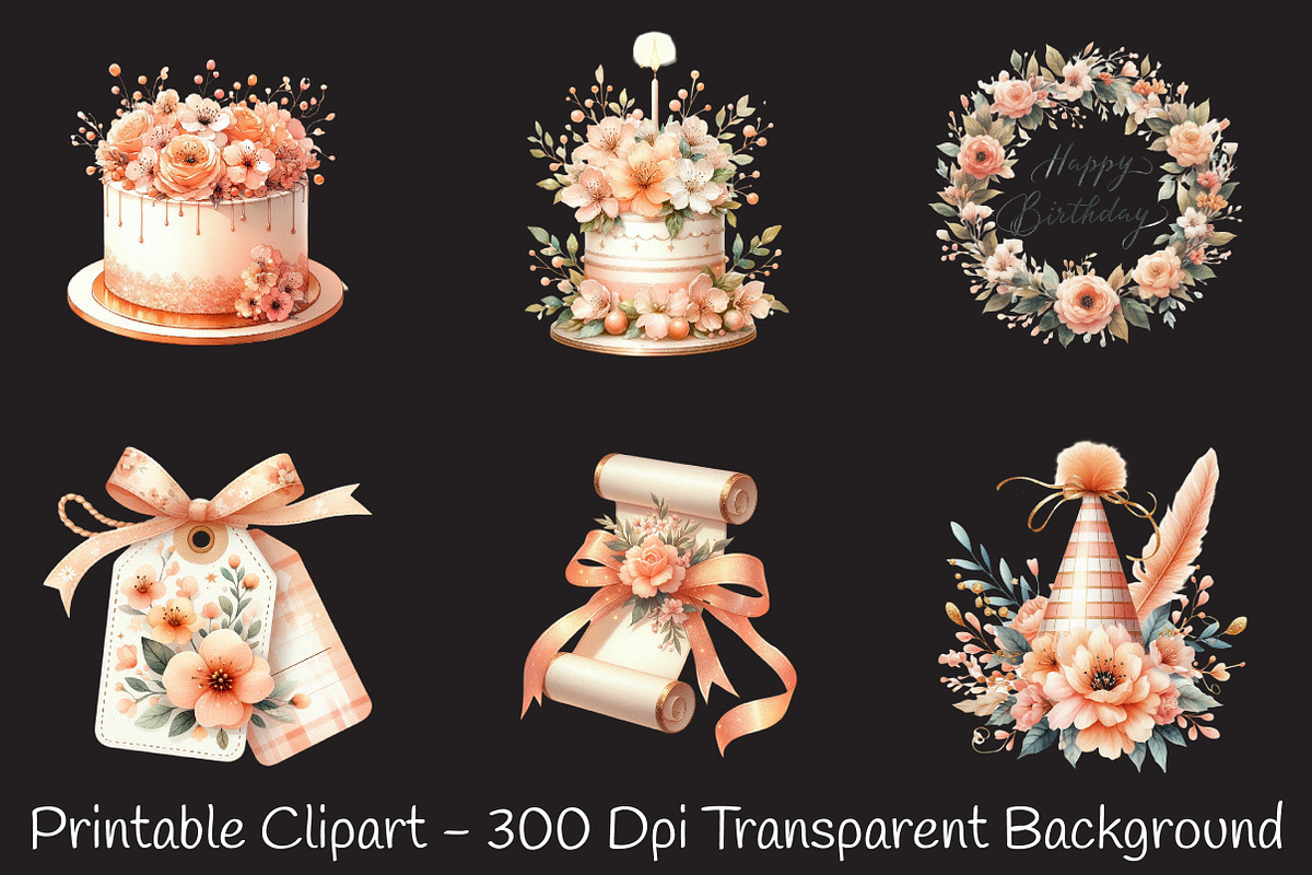 Peach Floral Birthday Watercolor PNG, an Illustration by RobertsArt (Photo 3 of 7)
