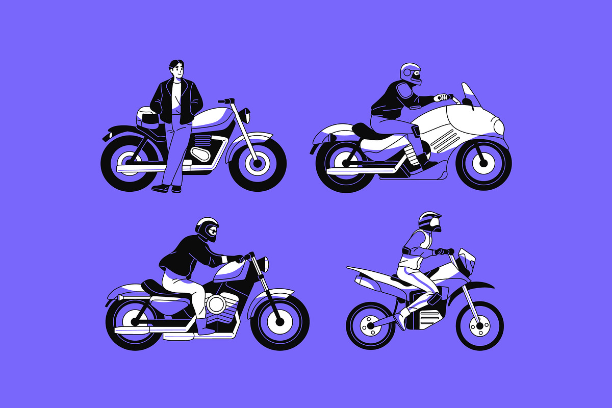 Bikers on motorcycles set, pattern, a Transportation Illustration by PaperTrident (Photo 6 of 8)