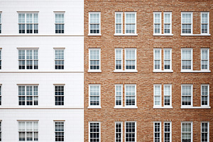 Split facade of buildings, an Architecture Photo by MistyDay