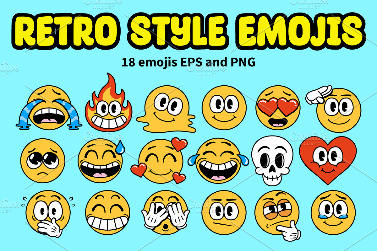 Vector 18 Retro Style Emojis, a Decorative Illustration by Andres M Rodriguez (Photo 1 of 3)