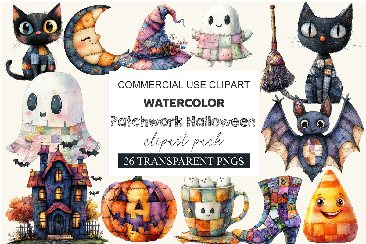 Patchwork Halloween Clipart Bundle, a Work Illustration by cherrydesign (Photo 1 of 4)