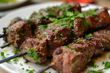 Mouthwatering beef kebabs topped wit, a Photo by Iftikhar Alam