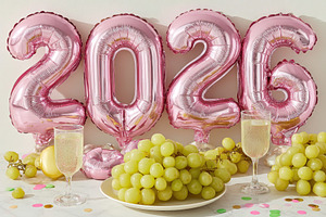 Pink 2026 balloons with green grapes, two sparkling wine glasses, a Holiday Photo by José Manuel Gelpi