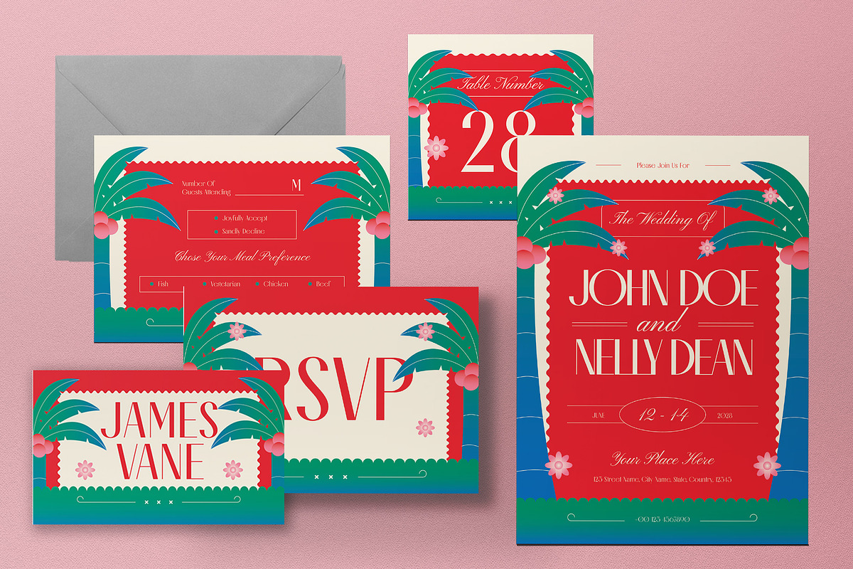 Flat Design Wedding Invitation Set, a Card Template by graphicook