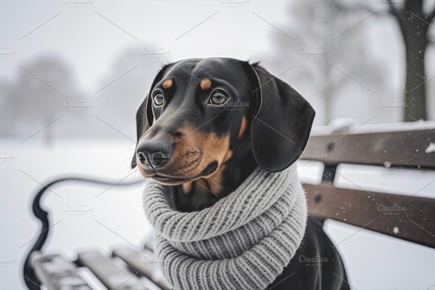 Dachshund in scarf on snowy park, a Photo by rarrarorro