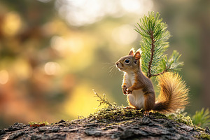 Little cute squirrel near pine tree sapling in the forest, an Animal Photo by AlyaAnd