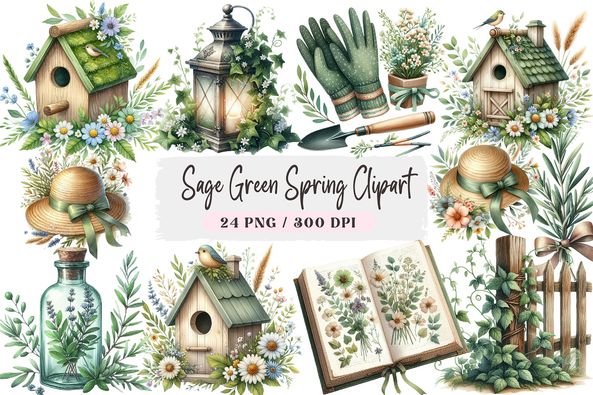 Watercolor Sage Green Spring Clipart, an Illustration by DreamArtGraphic (Photo 1 of 4)
