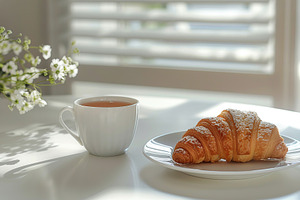 Cup of tea and croissant on white kitchen table, a Food & Drink Photo by AlyaAnd