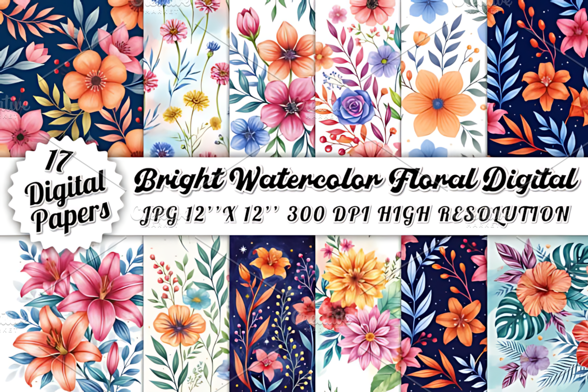 Bright Watercolor Floral Digital, a Pattern Graphic by Coco Bloom (Photo 1 of 8)