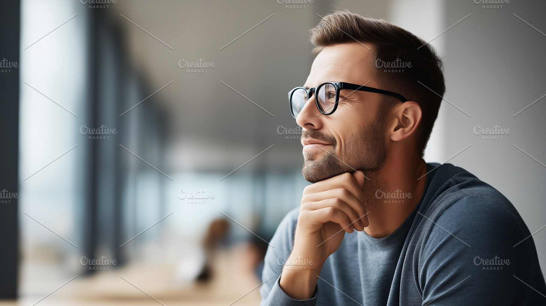 Thoughtful young man in glasses sit, a Business Photo by MistyDay