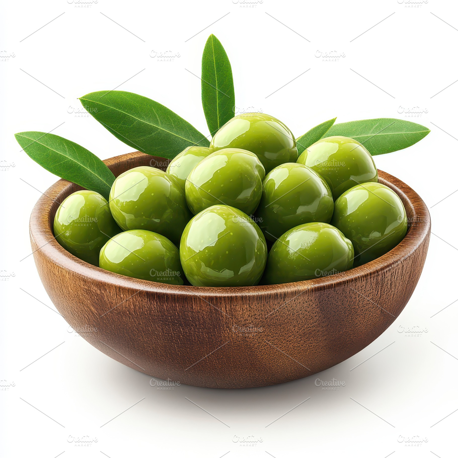 Green olives in a wooden bowl with l, a Food & Drink Photo by Pixeness Studio