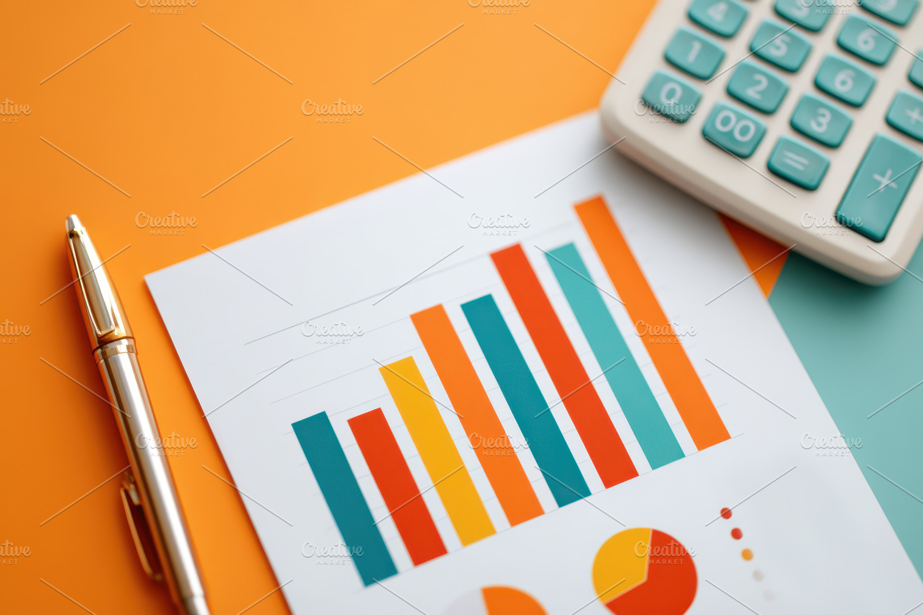 Colorful financial report with graphs and calculator, a Business Photo by AlyaAnd