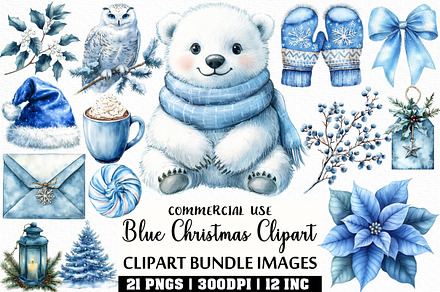 Watercolor Blue Christmas Clipart