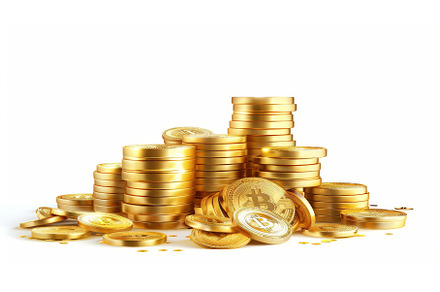 3D piles of golden coins isolated on, a Business Photo by ZinetroN
